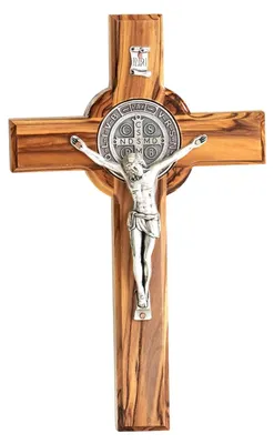 Wandkreuz aus Olivenholz, St. Benedictus, 20 x 12,5 cm