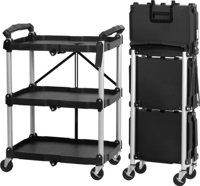 Image de Mahlzeit Chariot de service pliable avec roulettes, supporte jusqu'à 150 kg, 3 étages Étagère de stockage, noir