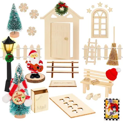 Image de Kit de décoration de porte de Noël, 32 pièces, en bois, avec éclairage, lanterne, sapin de Noël et échelle, idéal pour les fêtes
