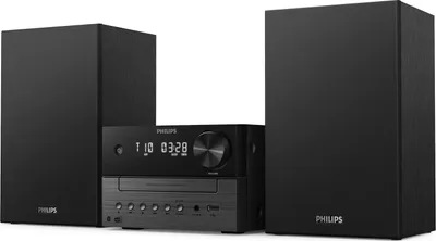 A black Philips micro music system with two speakers is shown against a white background.