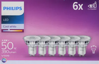 Produktbild von Philips Spot PAR16 GU10 x6, 50 W, 4,6 W, 50 W, GU10, 390 lm, 15000 h, Kaltweiße