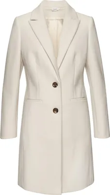 A cream-colored women's coat is displayed front and center against a white background.