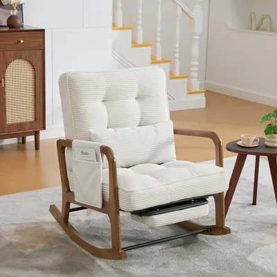 Produktbild von okwish Polstersessel mit verstellbarer Rückenlehne, Schaukelstuhl mit Fußstütze und Seitentaschen,Cord, Relaxstuhl,Für Wohnzimmer,Beige