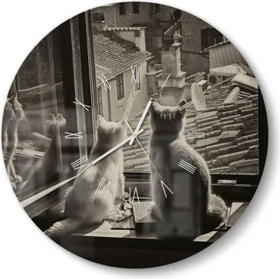 Produktbild von DEQORI Glasuhr Ø50 cm Römisch 'Katzen auf Fensterbrett' Wanduhr Glas Uhr Design leise