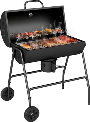 Image de Outsunny Barbecue au charbon de bois avec couvercle, barbecue charbon de bois grande taille avec grille et thermomšštre, BBQ avec roues, poignšŠe, pour jardin, patio, 95 x 71,5 x 102 cm, noir