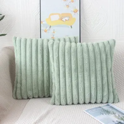 Immagine prodotto di Set di due federe in peluche color verde salvia, 45x45 cm, con delicate righe, morbide e decorative per il soggiorno.