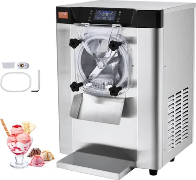 A commercial ice cream maker is shown on a white background, with a small inset image of ice cream in a bowl.