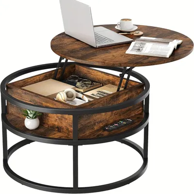 Image de Table ronde - Table basse - Table d'appoint - Table de salon - Table de rangement - Avec espace de rangement dissimulé