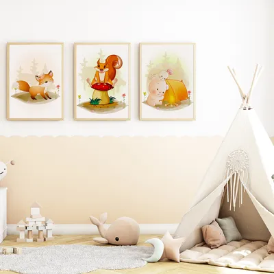 Produktbild von Waldtiere Fuchs Eichhörnchen Bär Hase Bilder 3er Set DIN A4 Kinderzimmer Wandbilder Babyzimmer Poster Dekoration