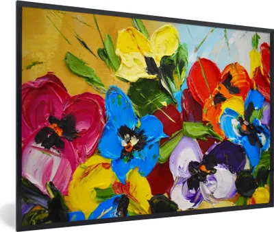 Produktbild von MuchoWow® Gerahmtes Poster Ölfarbe - Malerei - Blumen 90x60 cm - Poster mit Schwarzem Bilderrahmen Wandposter Rahmen Foto Bilder - Fotorahmen - Foto-Plakat