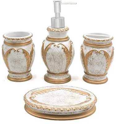 Image de Ensemble de salle de bain 4 pièces blanc et or - pomme de douche, porte-brosse à dents, porte-savon et distributeur de savon