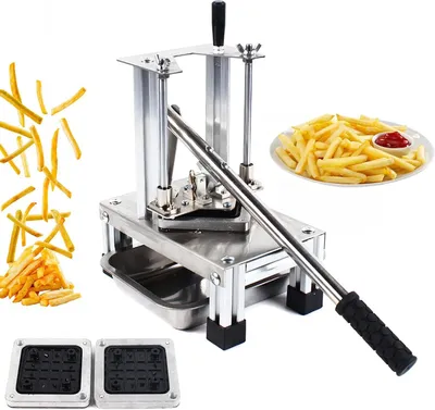 Produktbild von Kartoffelschneider für Pommes Frites - Gemüseschneider für die Küche - Zum Schneiden von Gemüse - Vertikale Kraftanwendung - 3 Messer, 7-14 mm - Silberfarben