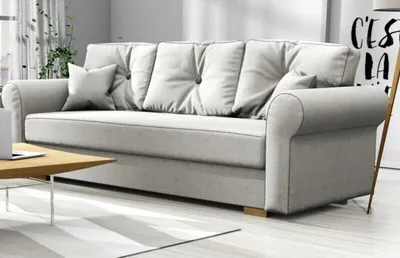 Produktbild von Schlafsofa TOP, Sofa mit Schlaffunktion und Bettkasten, Klappsofa, Schlafcouch mit grauen Knöpfen, Couch in Frabe: Hellgrau, Material: Strukturstoff