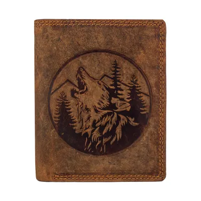 Produktbild von RFID Büffel Echt Leder Geldbörse Portemonnaie mit geprägtem Wolf Motiv Braun Hochformat