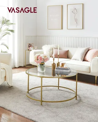 Produktbild von VASAGLE Couchtisch mit goldenem Eisengestell Ø84 x 45,5 cm rund Glastisch robustes Hartglas Sofatisch stabil Wohnzimmertisch dekorativ Gold