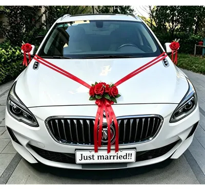 Produktbild von Autoschmuck Hochzeit Rot, Dekoration Hochzeitsauto, Kunstblumen mit Saugnäpfen, 2x Satinband, 4x Schleifen