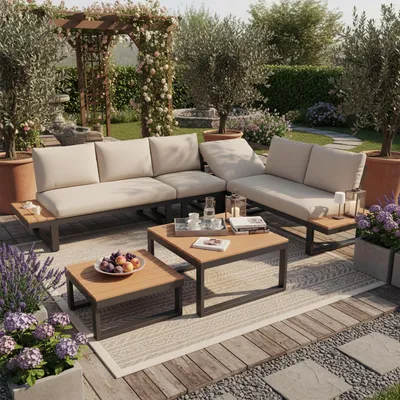 Produktbild von Flieks Gartenlounge-Set 6 Teilig, Balkonmöbelset mit 2 Gartentisch für 6 Personen, Gartensofa mit Ecksofa & Stuhl, Couchtisch Kunststoffplatte, Beige