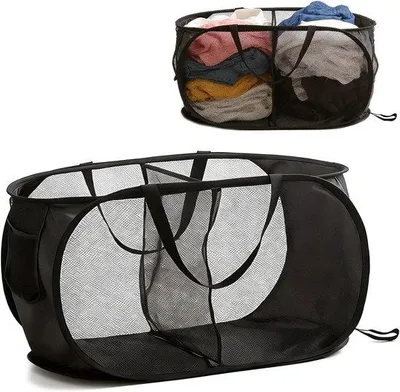 Produktbild von Wäschesammler mit 2 Fächern - Zusammenklappbarer Wäschesammler - Polyester - Atmungsaktiv - Verstärkte Tragegriffe - 36 x 36 x 58 cm - Wäschebehälter