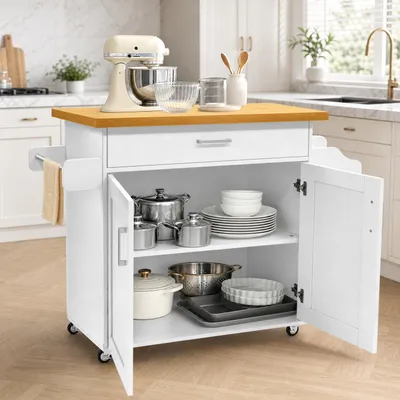 Productafbeelding van NAIZY Mobiele keukentrolley, 115x36x90cm, wit, MDF trolley met kruidenrek, lades, kast en 4 wielen, geschikt voor keuken en woonkamer