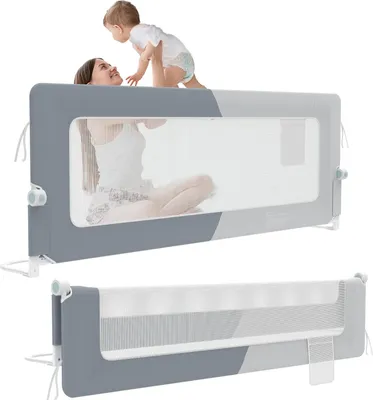 Produktbild von Sessamen-LP Rausfallschutz Bett 150 cm Bettgitter Bettschutzgitter Kinderbettgitter Zusammenklappbar um 180 Grad Babybett Umrandungen (Grau+Hellgrau)