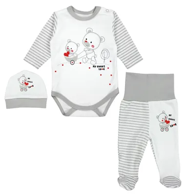 Produktbild von TupTam Baby Mädchen Jungen Bekleidungsset Langarmbody Hose Mütze mit Aufdruck Spruch 3 teilig, Farbe: Streifenmuster Grau / Bärchen Herz, Größe: 68