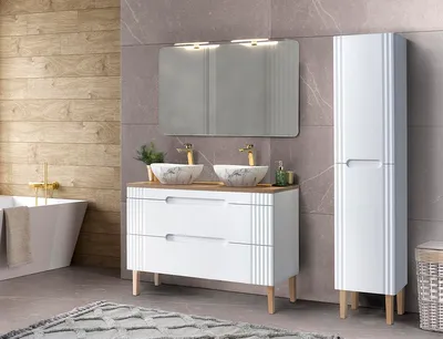 Zdjęcie produktu dla Biała Szafka Łazienkowa 120 Cm Z 2 Umywalkami, Słupkiem I Lustrem