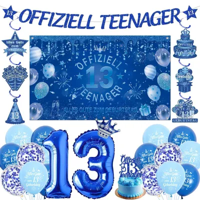 Immagine prodotto di Set di decorazioni per il tredicesimo compleanno, per ragazzi, colore blu: ghirlanda, palloncini, striscione