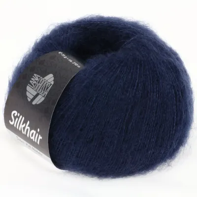 A ball of dark blue yarn with a label.
