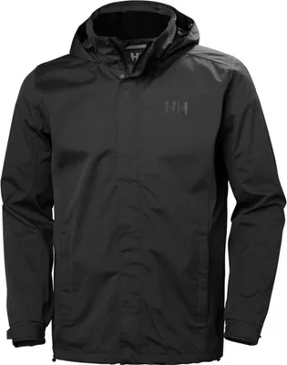A black Helly Hansen jacket is shown from the front against a white background.
