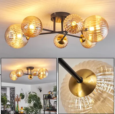 Produktbild von Isorella Deckenlampe aus Metall/Riffelglas in Schwarz/Gold/Bernstein