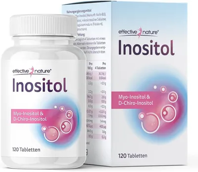 A product shot of a bottle of Inositol tablets and its packaging.