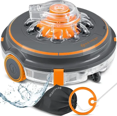 A robotic pool cleaner with accessories on a white background.