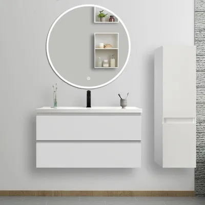 Image de Ensemble de meubles de salle de bain, 99*46*52cm, meuble avec vasque + miroir LED rond + meuble colonne 110cm, blanc