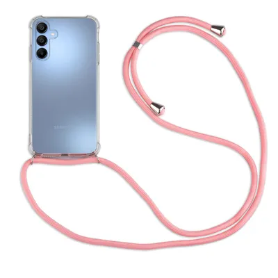 A pink phone chain attached to a clear phone case containing a blue smartphone, presented on a white background.