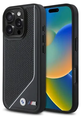 A black iPhone case with the BMW M logo is shown next to an iPhone.