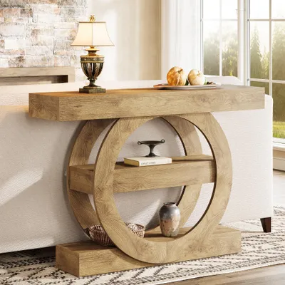 Image de Table console Tribesigns de 105 cm de style rustique, table d'entrée étroite à 3 niveaux avec compartiments de rangement, table basse derrière le canapé, table d'appoint