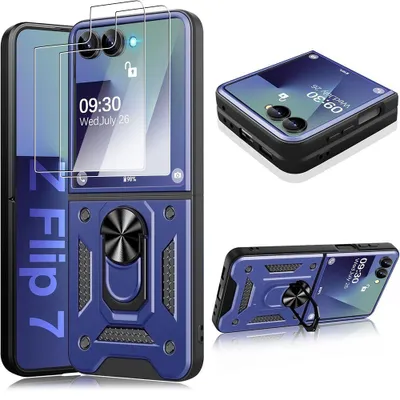 Image de Coque + 2 Verres Trempés pour Samsung Galaxy Z Flip 7, Protection Robuste avec Anneau Rotatif - Bleu Marine
