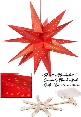 A red star-shaped lantern with small gold stars cut out, shown hanging and with a close-up of its detail. Also shows the battery pack and a disassembled frame.
