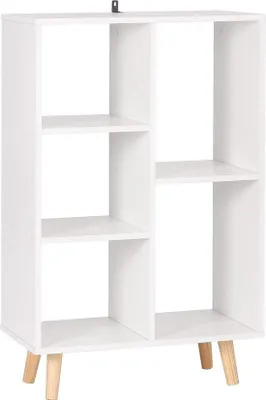 Produktbild von Hochschrank für Wohnzimmer, Schlafzimmer, Büro, 5-Fach-Regal mit Holzbeinen, weiß