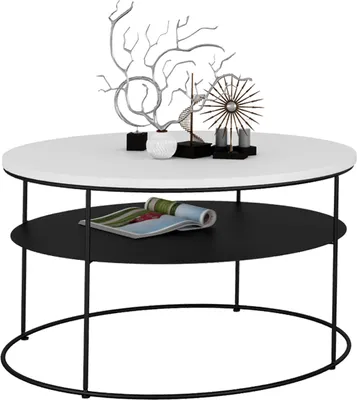 Zdjęcie produktu dla Okrągły Stolik Kawowy z Półką Salon Loft Metal 75x75x43 Czarny+Biały Mat