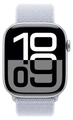 A close-up shot of an Apple Watch with a digital display showing the time.