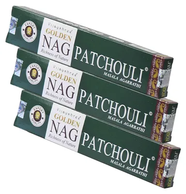 Produktbild von 3x Golden Nag Patchouli Räucherstäbchen 45g – Exotisches Natur-Räucherwerk