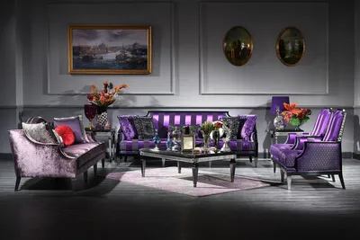 Produktbild von Casa Padrino Luxus Barock Wohnzimmer Set Lila / Schwarz / Silber - 2 Sofas & 2 Sessel & 1 Couchtisch & 2 Beistelltische - Barockmöbel