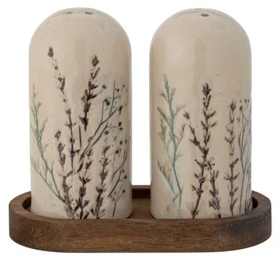 Zdjęcie produktu dla Bloomingville solniczka i pieprzniczka BEA ceramiczna z drewnianą tacą natura kwiaty