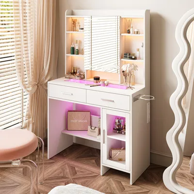 Image de Coiffeuse Avec Miroir LED Et Prise,luminosité Réglable,avec Miroir Et Support,avec 2 Tiroirs,blanc