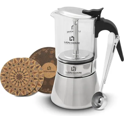Produktbild von Lion Home Espressokocher aus Glas & Edelstahl für 6 Tassen, alle Herdarten