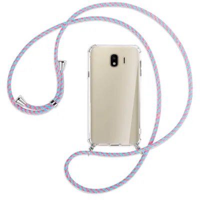 Produktbild von Handykette Backcover-Schutzhülle mit Band (Metall silberfarben) für Samsung Galaxy J4 2018 - pink/mint