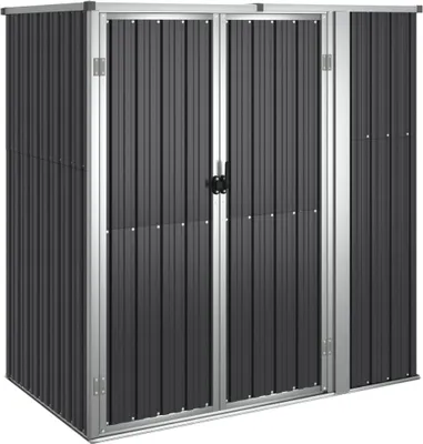 A dark gray metal storage shed with silver trim and double doors.