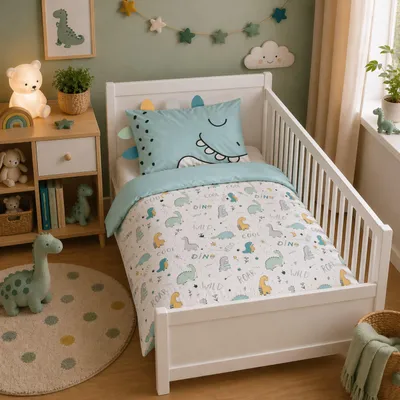 Produktbild von Baby Bettwäsche 100 x 135 cm süße Dino Bettwäsche mit Ohren Stacheln 2-teiliges Set aus 100% Baumwolle mit Reißverschluss