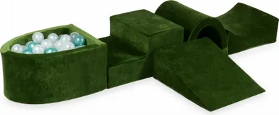 Produktbild von Schaumstoff-Spielset mit Brücke und Mikro-Bällepool – Samtig weiches Olivgrün + 100 Bällebadbälle / transparent, perlmutt, metallic türkis